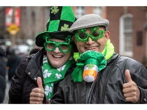 Patricia O'Beirne and Elvidio Mejia dressed for the occasion during the 199th St. Patrick's Day parade in Montreal on Sunday, March 17, 2024.