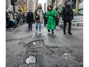 Montreal Mayor Valérie Plante watched her step along the 199th annual St. Patrick's Day parade route in Montreal on Sunday, March 17, 2024.