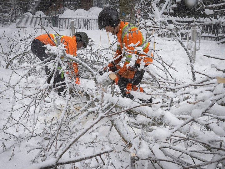 Montreal city crew members Lucas Riverain, left, and Jean St-Pierre clear a fallen tree with a chainsaw on Marquette Ave. April 4, 2024.