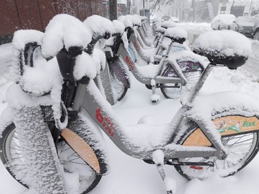 A row of bikes on a rack are covered in snow.