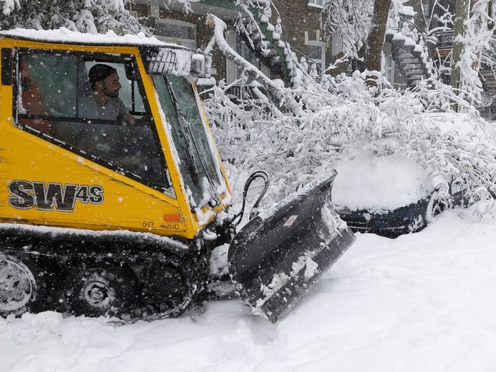 A sidewalk-plow driver navigates around a tree that has fallen onto a car on Marquette St. in Montreal, April 4, 2024.