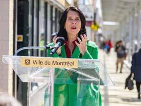 Montreal Mayor Valérie Plante speaks at a lectern outdoors. The lectern features a sign reading Ville de Montréal.