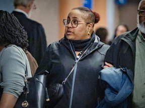 Fania Jean-Charles heads to a sentence argument hearing at the Palais de Justice in Montreal on Wednesday April 10, 2024.