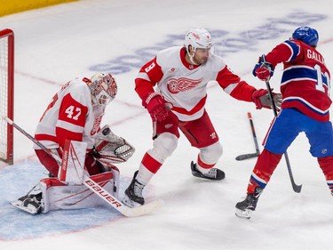 A Red Wings goalie makes a save while a Red Wings skater without a stick reaches out toward Canadiens' Brendan Gallagher in front of the crease