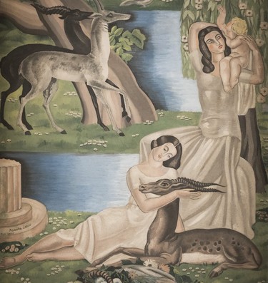 Details of a painting in the main hall of Le 9e, which was recently renovated and was on display for journalists on April 19, 2024.