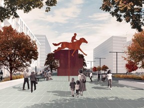 Artist rendition of a public square featuring a horse-racing sculpture