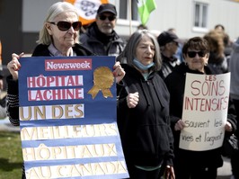 Demonstrators demand the re-opening of the Lachine General Hospital's ICU, on Saturday, April 20, 2024.