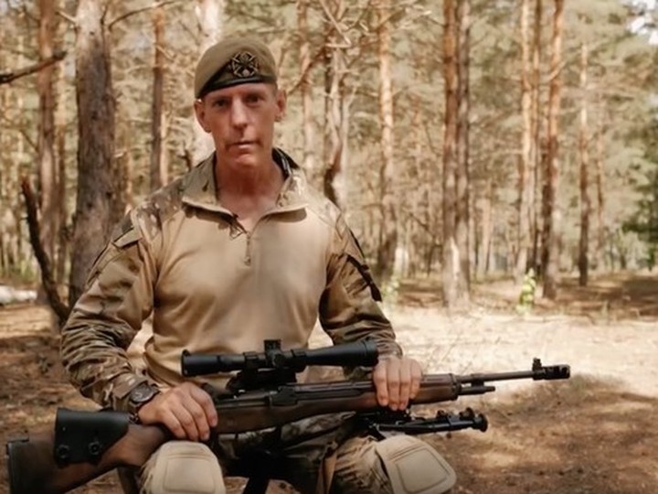  Brad Stratford, a Canadian volunteer sniper, seen in a video posted to Facebook by the International Legion for the Defence of Ukraine.