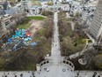 Aerial view of the pro-Palestinian encampment on the grounds of McGill University on April 28, 2024
