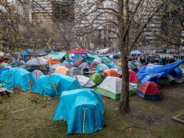 Dozens of tents are visible on a lawn downtown