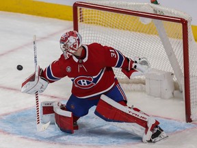 Canadiens' Carey Price makes a blocker save during his last game in the Canadiens' net in 2022.