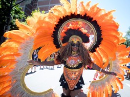 A woman is dressed in orange feathers at a parade.