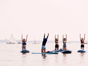 Five people are kneeling on paddle boards in a river with their hands up in a yoga pose. The photo has a pink hue.