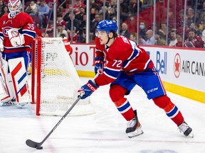 Canadiens defenceman Arber Xhekaj skates the puck out from behind Sam Montembeualt's net during game against boston last month at the Bell Centre.