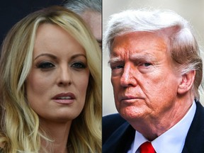 This combination of pictures created on April 12, 2024 shows adult film star Stormy Daniels in Hollywood and former U.S. president Donald Trump in New York City on March 25, 2024.