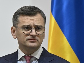 Ukraine's Foreign Minister Dmytro Kuleba attends a joint press conference with his Norwegian counterpart following their talks in Kyiv on April 15, 2024, amid the Russian invasion of Ukraine.