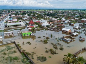 This picture taken on April 19, 2024 shows an aerial view of an area affected by floods in the Gatumba district of Bujumbura.