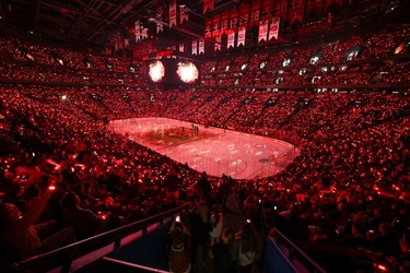 A general view of the pregame PWHL ceremony between Montreal and Toronto at the Bell Centre on April 20, 2024 in Montreal.