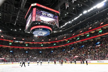 A world attendance record is set for women's hockey at 21,105 people during the third period in the PWHL game between Montreal and Toronto at the Bell Centre on April 20, 2024 in Montreal.