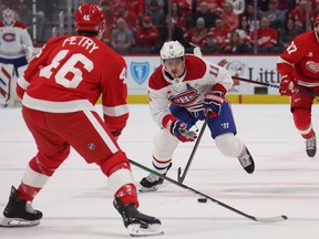Brendan Gallagher #11 of the Montreal Canadiens heads up ice against Jeff Petry #46 of the Detroit Red Wings during the first period at Little Caesars Arena on April 15, 2024 in Detroit, Michigan.