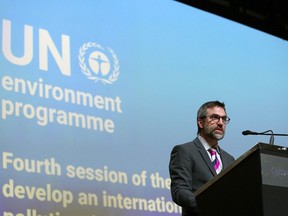 Canada's Minister of Environment and Climate Change Steven Guilbeault speaks during the fourth session of the UN Intergovernmental Negotiating Committee on Plastic Pollution in Ottawa, Canada, on April 23, 2024. (Photo by Dave Chan / AFP)