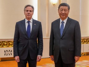 U.S. Secretary of State Antony Blinken, left, meets with China's President Xi Jinping at the Great Hall of the People in Beijing on April 26, 2024.