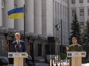 Secretary General of NATO Jens Stoltenberg, left, and Ukrainian President Volodymyr Zelensky attend a joint press conference in Kyiv, on April 29, 2024, amid the Russian invasion of Ukraine.