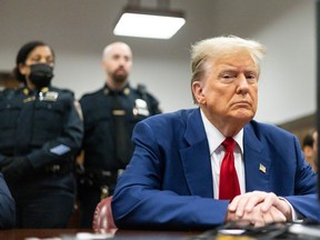 Former U.S. president Donald Trump appears in court during his trial for allegedly covering up hush money payments at Manhattan Criminal Court on April 30, 2024 in New York City.