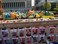 Pictures of kidnapped Israelis are placed beside a pro-Palestinian protest encampment on the campus of Columbia University on April 26, 2024 in New York City.