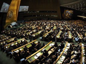 This file picture shows the United Nations General Assembly as Mahmoud Abbas, president of the Palestinian Authority, gives a speech on Sept. 23, 2011 at UN headquarters in New York.