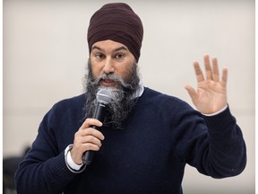 NDP Leader Jagmeet Singh speaks at a townhall in Montreal on Friday, March 22, 2024.