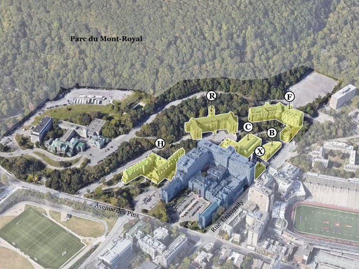  An annotated aerial photo shows buildings (in yellow) that could one day form a new inter-university hub. The structures were part of the former Royal Victoria Hospital.
