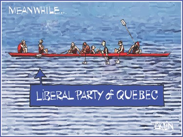 Cartoon shows several people rowing, representing Quebec parties. The Liberal Party of Quebec is sitting pretty.