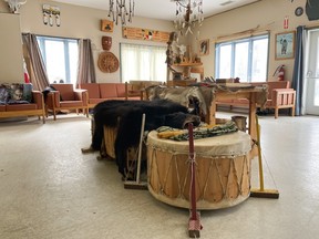 Bear skins, drums and other traditional items are placed in the centre of the room where residents gather for healing circles at Waseskun Healing Centre.