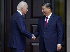 President Joe Biden greets President Xi Jinping of China at the Filoli Estate in Woodside, Calif., Nov, 15, 2023, on the sidelines of the Asia-Pacific Economic Co-operative conference.