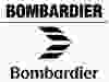 Two logos separated by a horizontal line. On top, the word BOMBARDIER in all-caps black sans-serif bold font. On the bottom, Bombardier in a regular-case black angled serif font below a stylized black tail or pair of wings