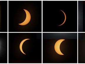 This photo combo shows the sequence of a total solar eclipse seen from Piedra del Aguila, Argentina on Dec. 14, 2020.