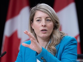 Minister of Foreign Affairs Mélanie Joly responds to questions about the situation in Haiti during a news conference in Ottawa, Monday, March 25, 2024.