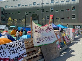 A student camp for pro-Palestinian protesters is shown on the University of British Columbia campus in Vancouver on Tuesday, April 30, 2024.