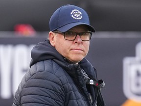 Alouettes general manager Danny Maciocia is seen wearing an Alouettes cap and jacket during a practice before last year's Grey Cup game in Hamilton.