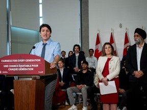 Prime Minister Justin Trudeau makes a housing announcement, accompanied by Finance Minister Chrystia Freeland and Minister of Emergency Preparedness Harjit Sajjan in Vancouver last month.