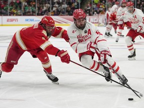 Boston University forward Luke Tuch, right in white jersey, has his stick reaching out toward the puck in the foreground, as Denver defenceman Boston Buckberger, in red, reaches with his stick to try to poke the puck away during semifinal game at the Frozen Four tourney last week in St. Paul, Minn.