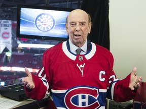 Legendary broadcaster Bob Cole is seen wearing a red Canadiens jersey in the broadcast booth prior to calling his last NHL hockey game, at the Bell Centre on Sat., April 6, 2019.