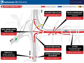 Map showing Highway 15 closed southboung from Highway 40 to Jean-Talon St.