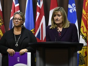 Ondina Love, CEO of the Canadian Dental Hygienists Association, right, and Sylvie Martel, director of Dental Hygiene Practice, take questions during a news conference in Ottawa, Tuesday, April 4, 2023.