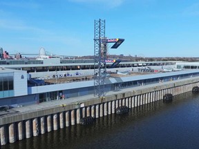 An artist's rendering shows the platform that will be used in August when the Red Bull Cliff Diving World Series comes to Montreal, in this undated handout image. Red Bull says the visual was created "via real drone footage of the venue mixed with AI 3D rendering of the platform we will place there later this summer."