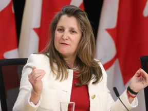 Finance Minister Chrystia Freeland participates in a news conference to announce a new youth mental health fund at the National Press Theatre in Ottawa on Tuesday, April 9, 2024.