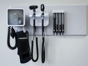 Medical tools are seen in an exam room at a health clinic in Calgary on July 14, 2023.