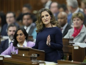 Deputy Prime Minister and Minister of Finance Chrystia Freeland rises to present the federal budget in the House of Commons in Ottawa on Tuesday, April 16, 2024.