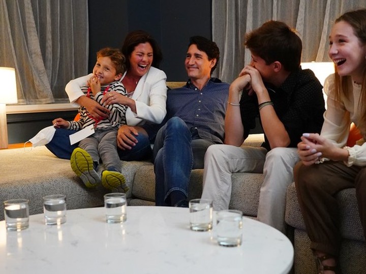  Liberal leader Justin Trudeau watches election results with wife Sophie Grégoire Trudeau and children, Xavier, Ella-Grace and Hadrien, at Liberal headquarters in Montreal, Monday, Sept. 20, 2021.